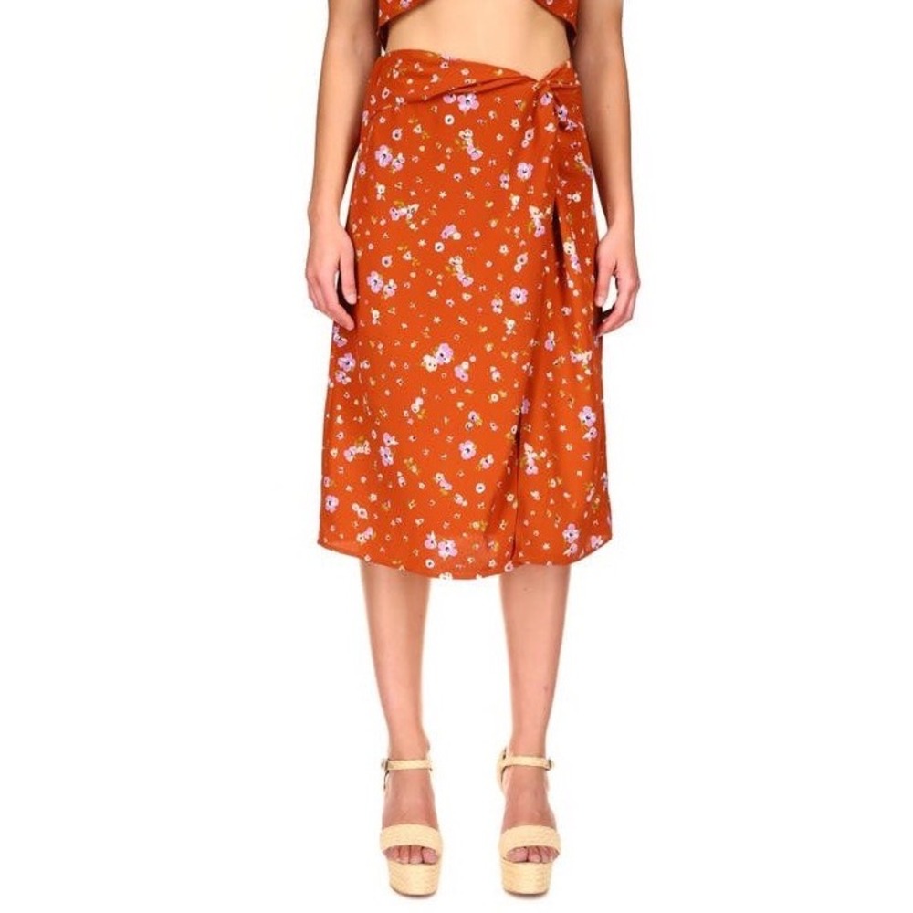 Sanctuary Floral Midi Skirt Womens Small Wrap Rust Orange Casual Excellent